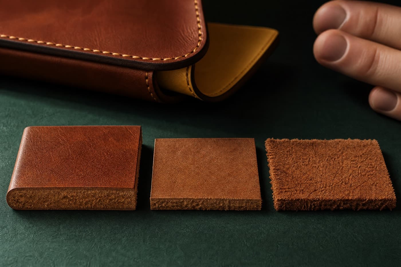 Three leather swatches with their cut edges to camera, showing full-grain, top-grain and split structure